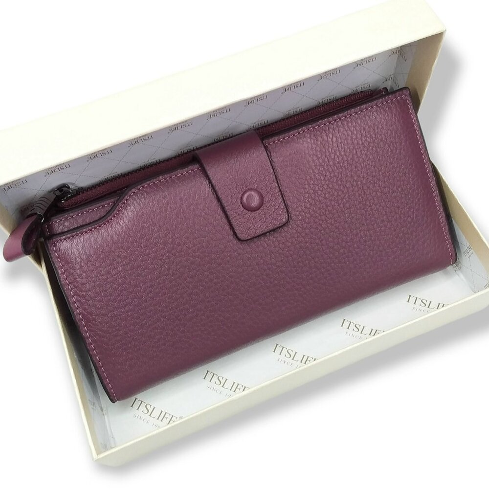 Itslife Bifold Wallet Purple Pebbled Leather RFID Large Capacity Multi Pockets